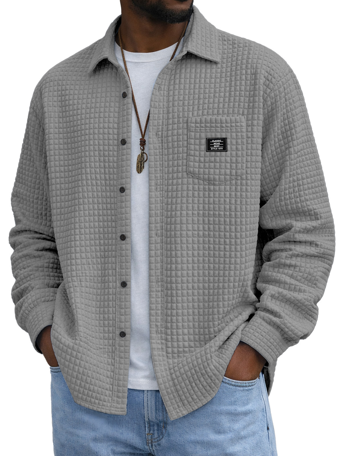 Men's Casual Solid Color Plaid Texture Long-Sleeve Polo Shirt with Chest Pocket