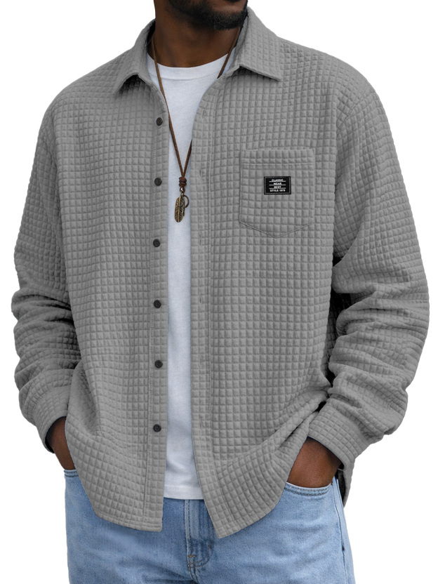 Men's Casual Solid Color Plaid Texture Long-Sleeve Polo Shirt with Chest Pocket