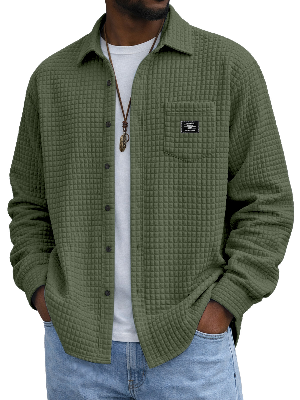 Men's Casual Solid Color Plaid Texture Long-Sleeve Polo Shirt with Chest Pocket