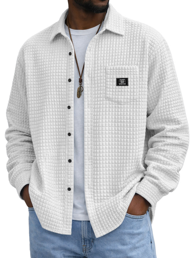Men's Casual Solid Color Plaid Texture Long-Sleeve Polo Shirt with Chest Pocket