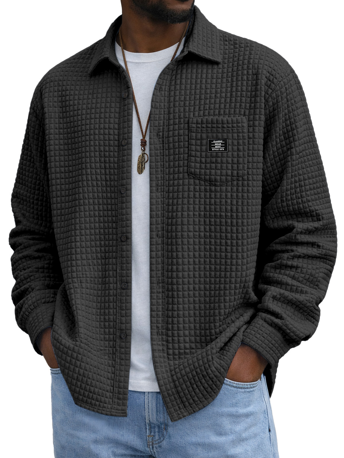 Men's Casual Solid Color Plaid Texture Long-Sleeve Polo Shirt with Chest Pocket