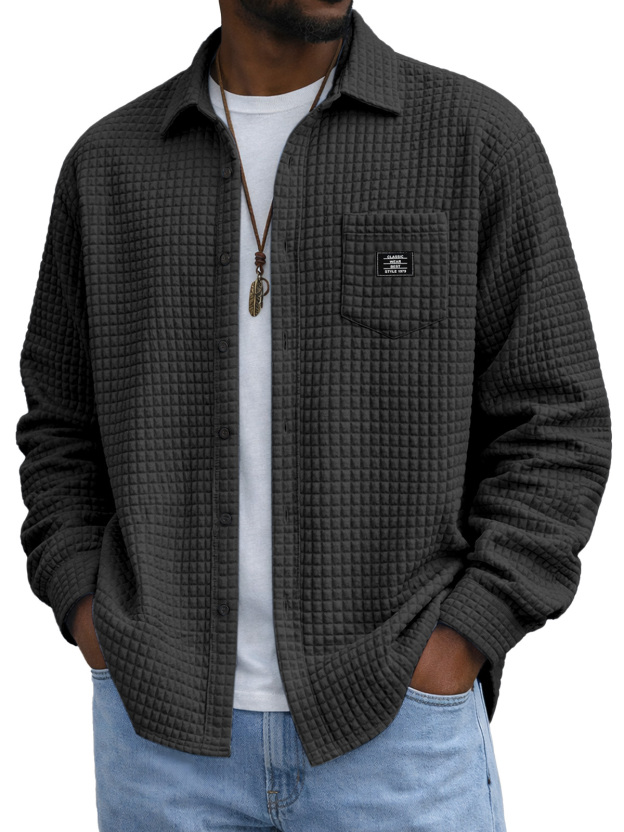Men's Casual Solid Color Plaid Texture Long-Sleeve Polo Shirt with Chest Pocket