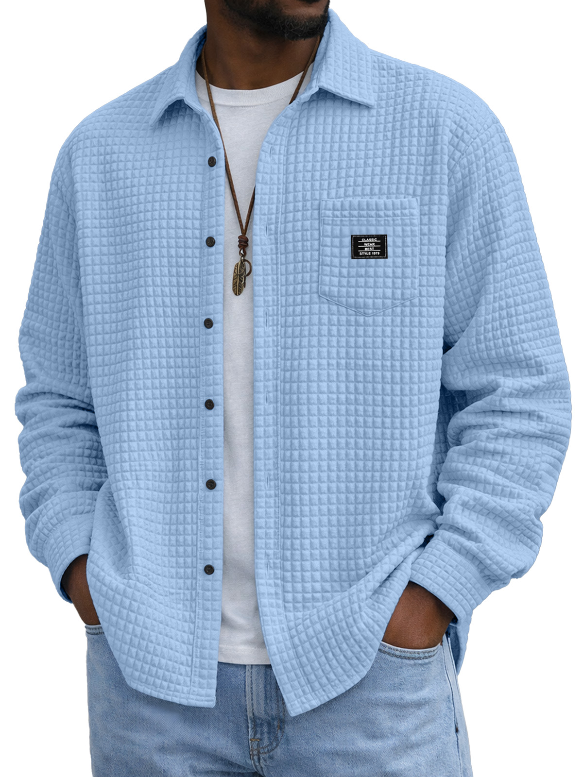Men's Casual Solid Color Plaid Texture Long-Sleeve Polo Shirt with Chest Pocket