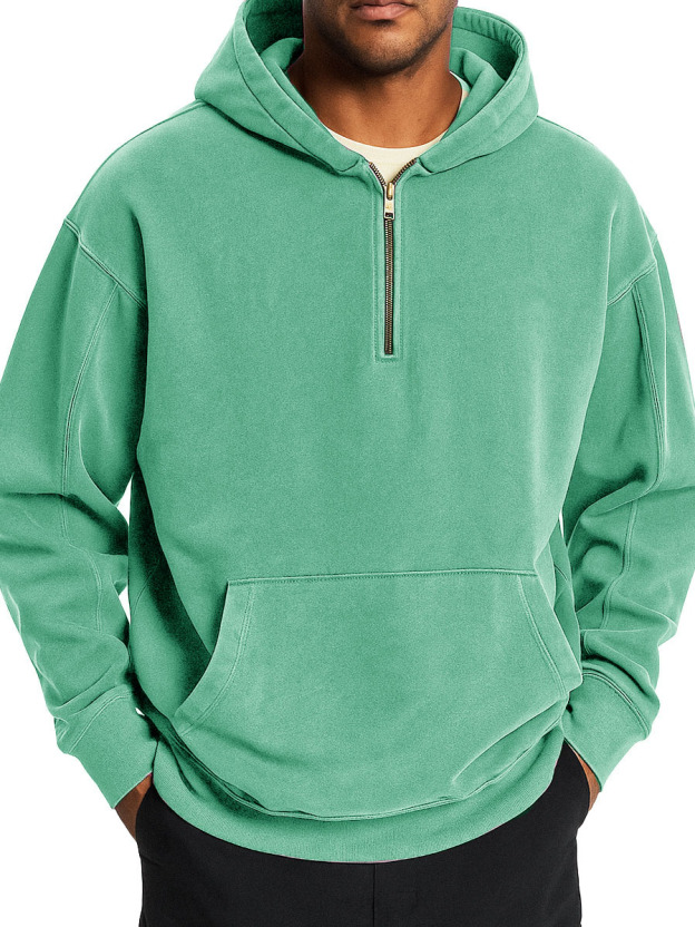  Men's Stylish Retro Distressed Half-zip Pocket Hooded Sweatshirt 