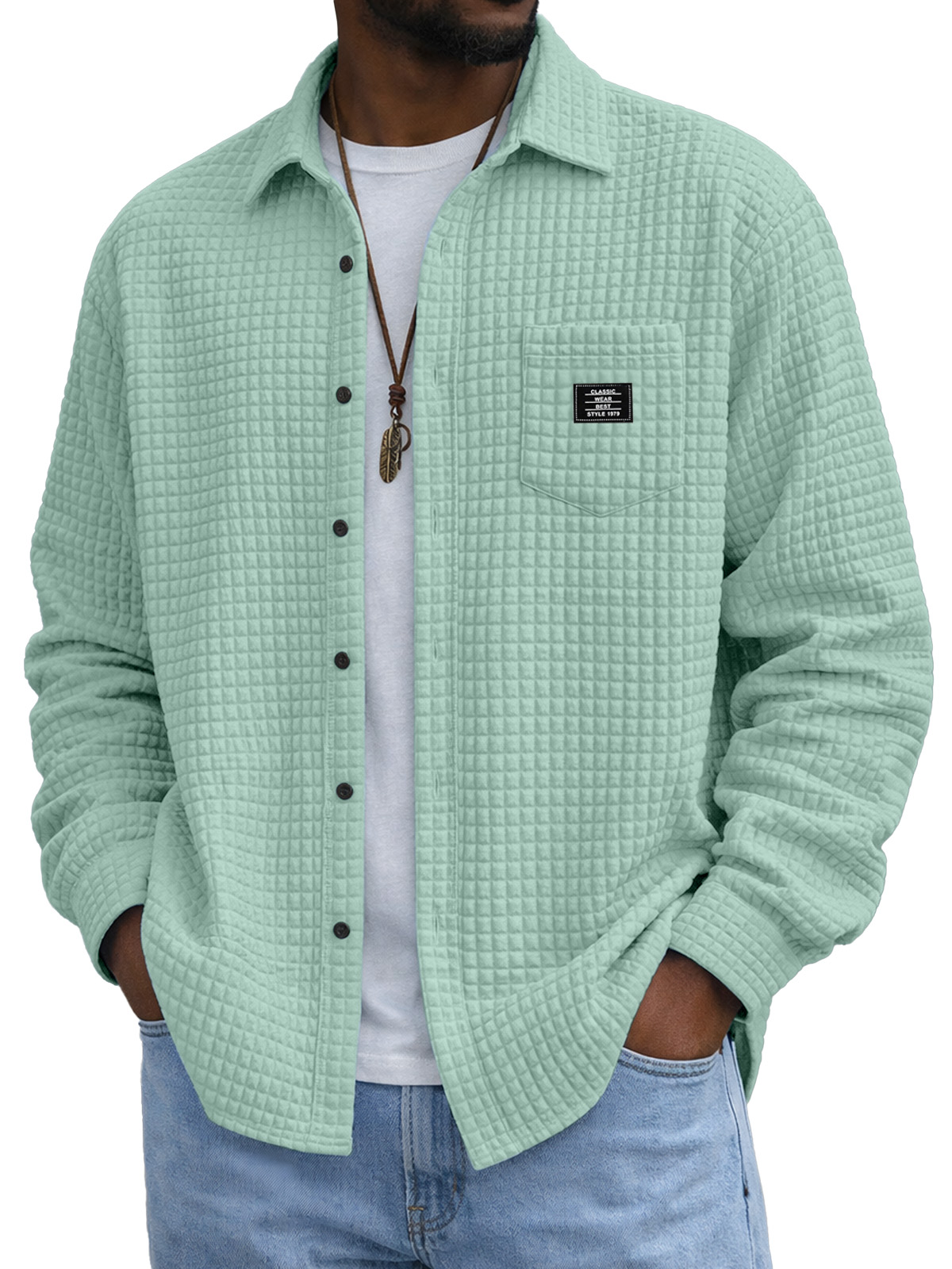 Men's Casual Solid Color Plaid Texture Long-Sleeve Polo Shirt with Chest Pocket