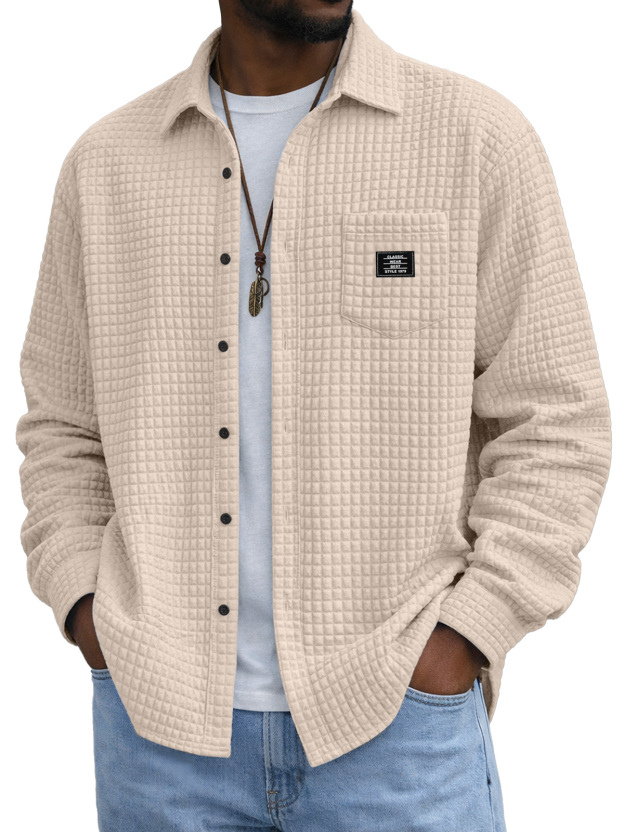 Men's Casual Solid Color Plaid Texture Long-Sleeve Polo Shirt with Chest Pocket