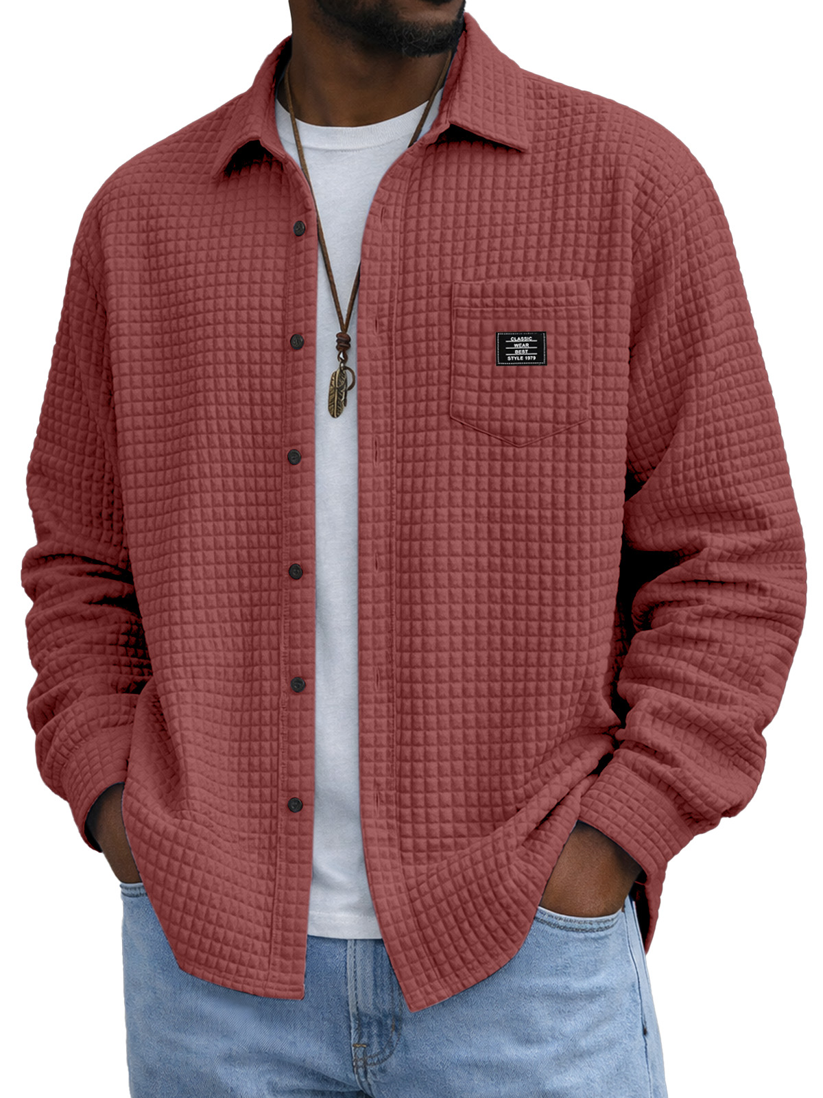 Men's Casual Solid Color Plaid Texture Long-Sleeve Polo Shirt with Chest Pocket