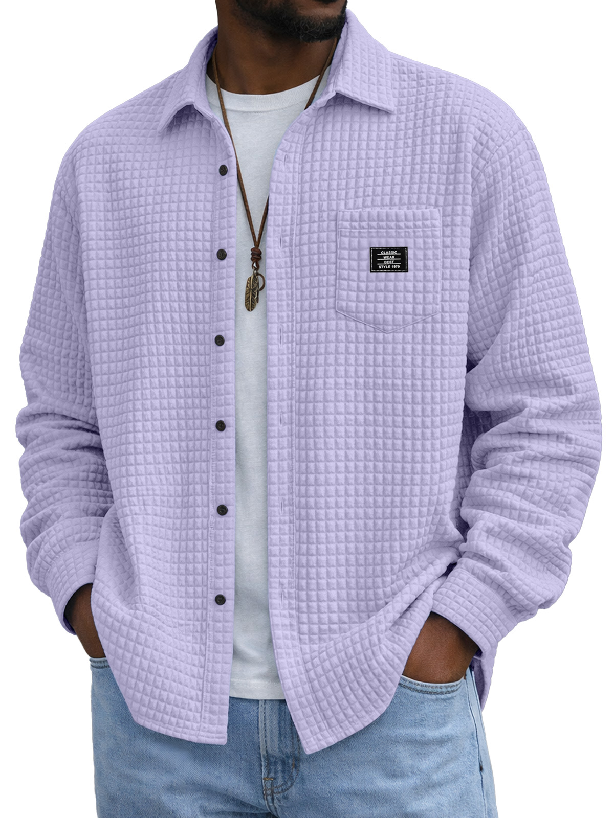 Men's Casual Solid Color Plaid Texture Long-Sleeve Polo Shirt with Chest Pocket