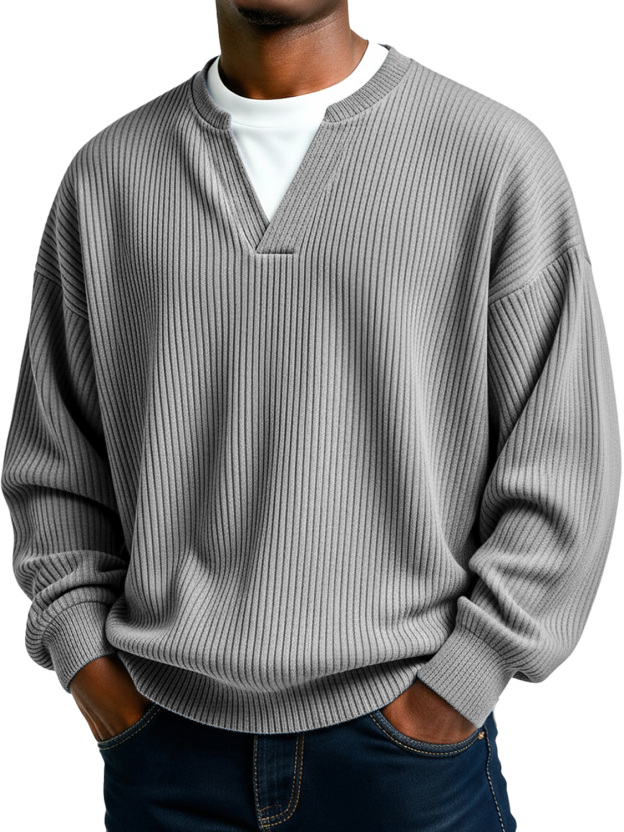 Men's Simple Ribbed V-Neck Faux Two-Piece Casual Long-Sleeve T-Shirt