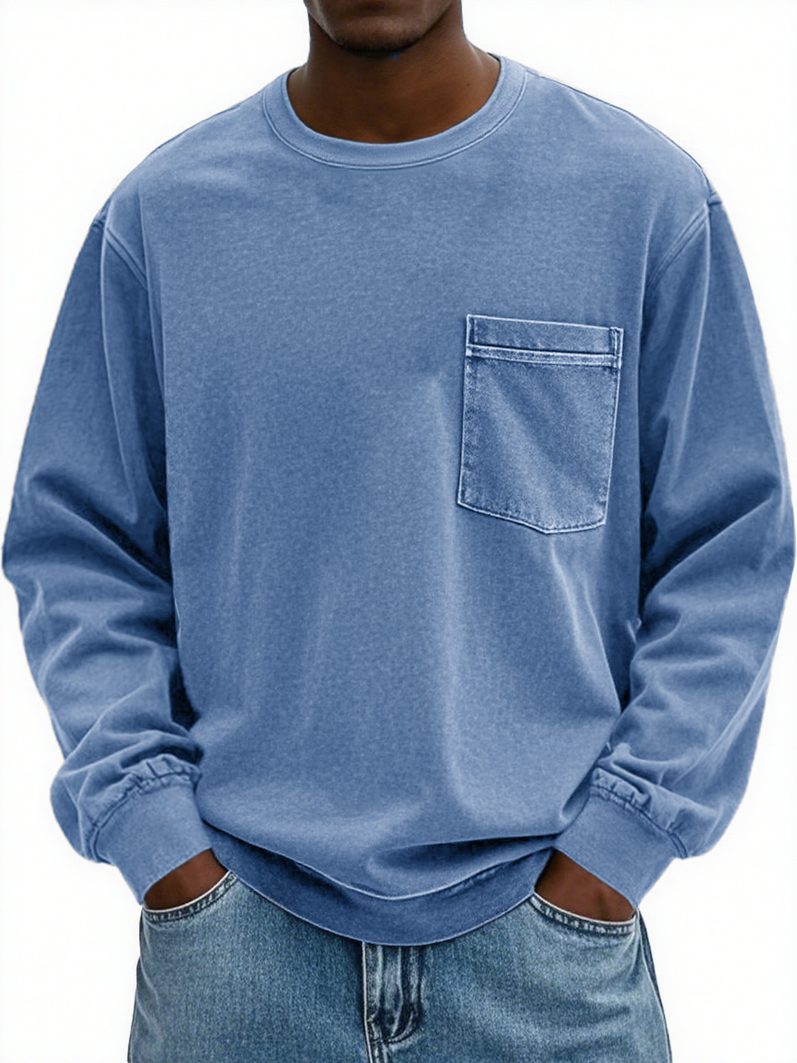 Men's Fashion Retro Distressed Pocket Lapel Long-sleeved Round Neck Sweatshirt