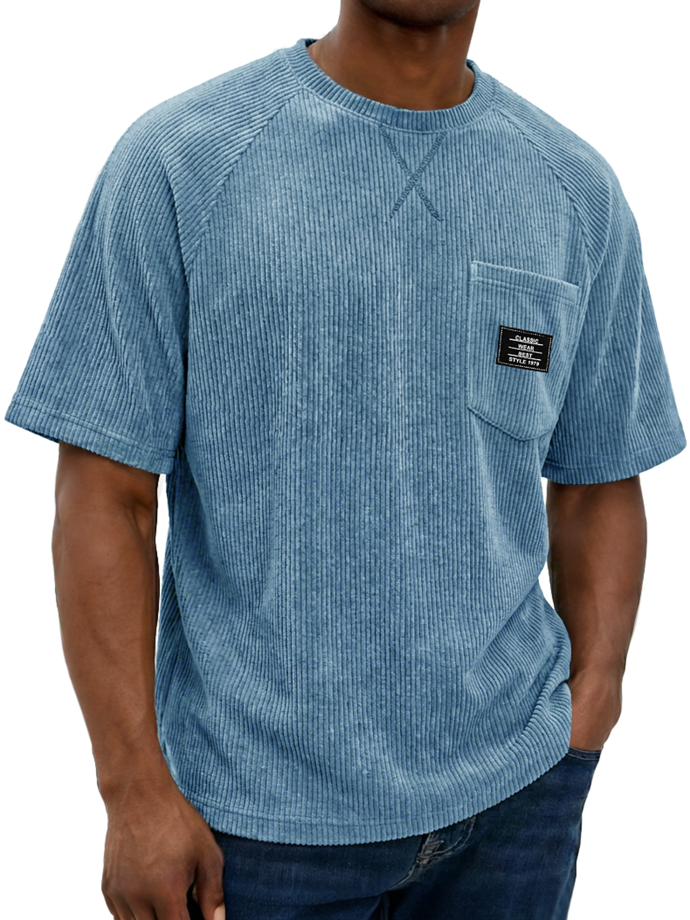 Men's Vintage Corduroy Raglan Short-sleeved T-shirt With Criss-cross Stitching Design