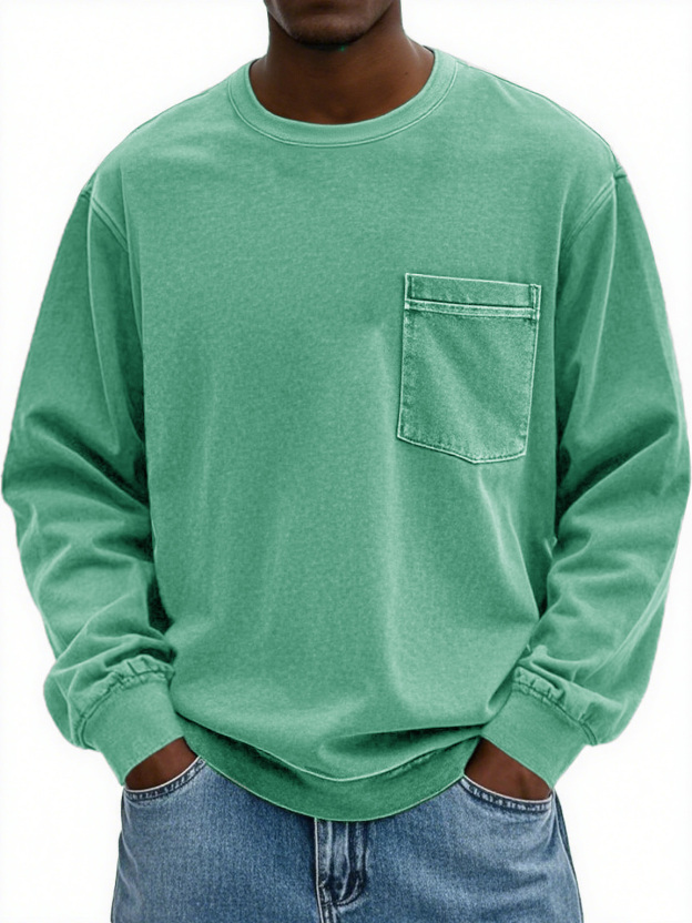 Men's Fashion Retro Distressed Pocket Lapel Long-sleeved Round Neck Sweatshirt