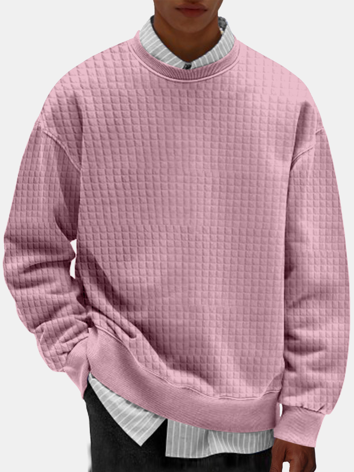 Men's Casual Simple Solid Color Small Square Comfortable Long-sleeved Round Neck Sweatshirt