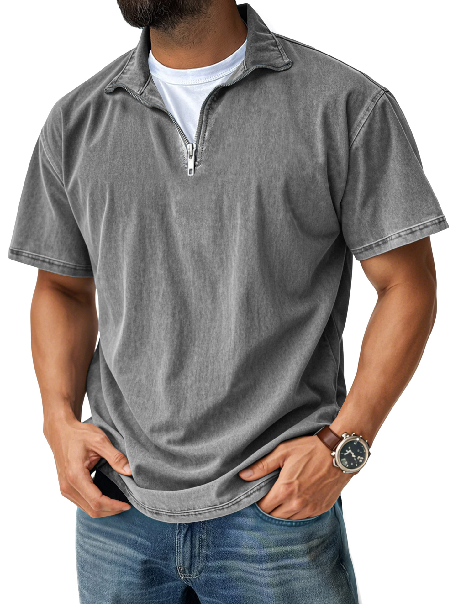 Men's Retro Casual Stand Collar Quarter-Zip Short Sleeve T-Shirt