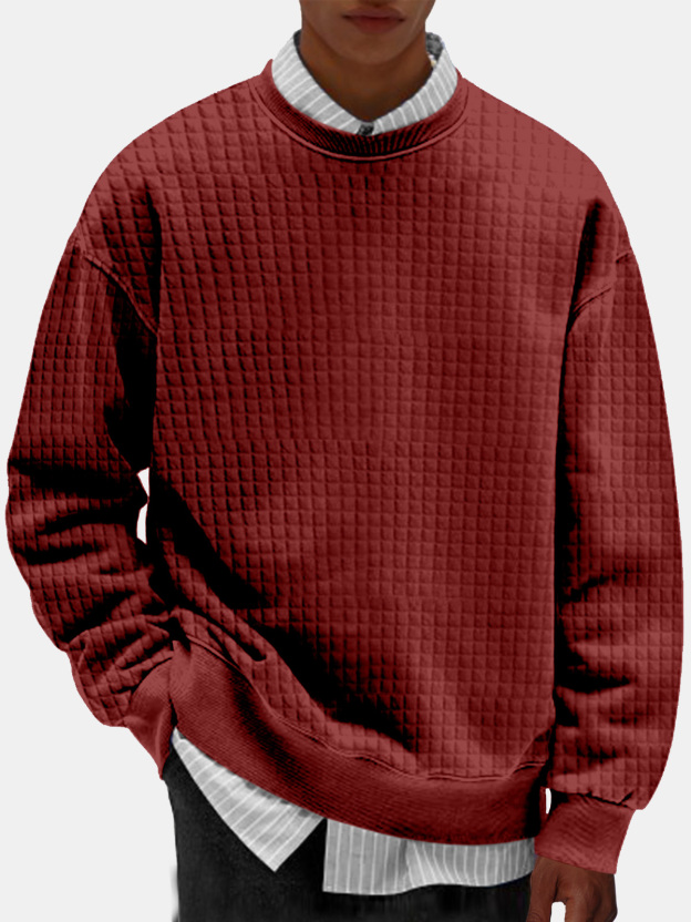 Men's Casual Simple Solid Color Small Square Comfortable Long-sleeved Round Neck Sweatshirt