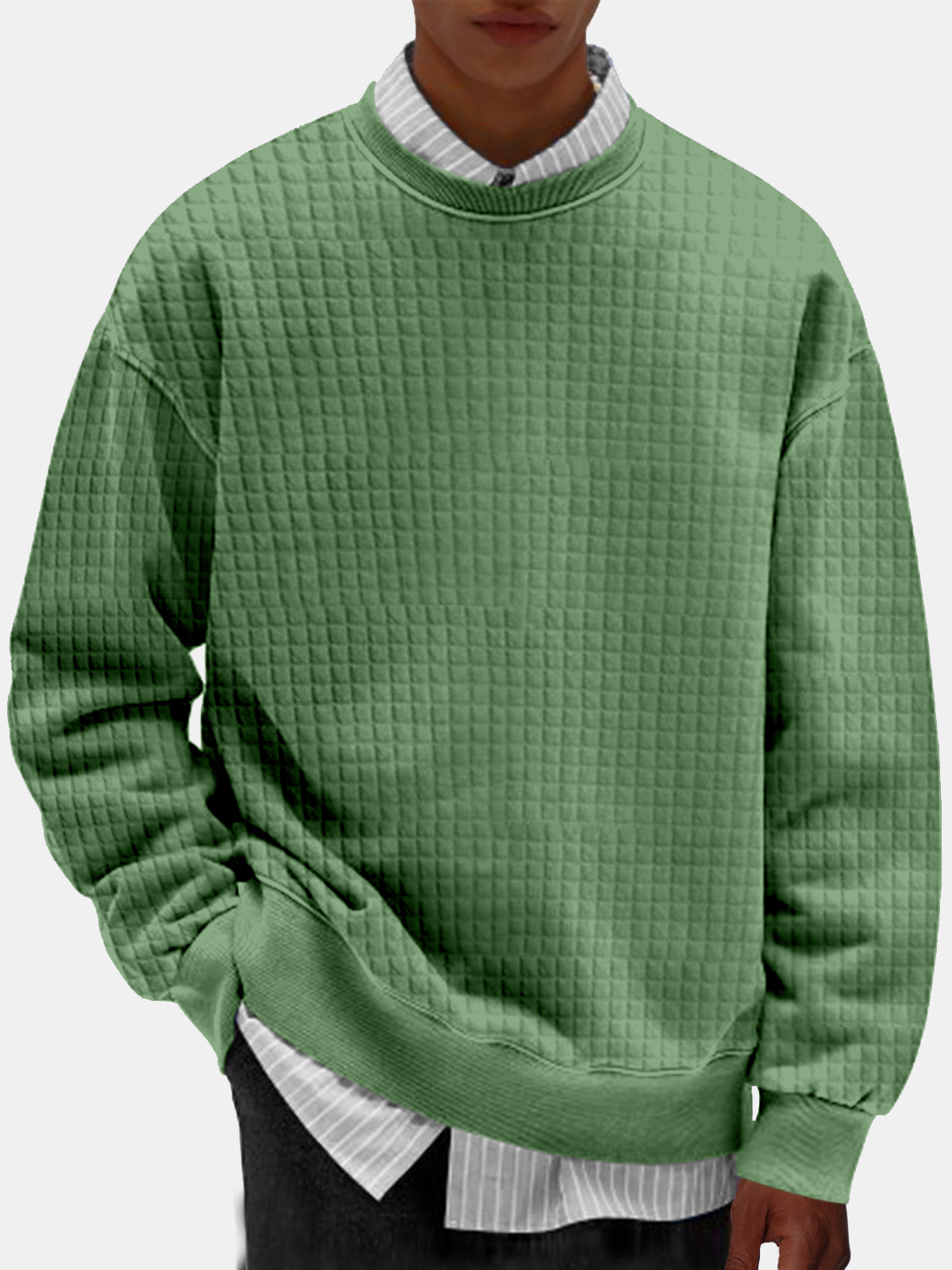 Men's Casual Simple Solid Color Small Square Comfortable Long-sleeved Round Neck Sweatshirt