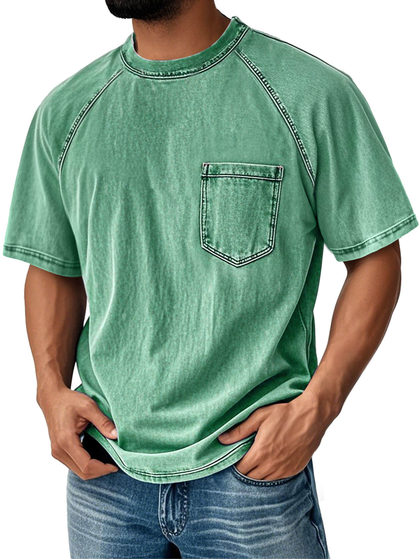 Men's Retro Round Neck Raglan Sleeve Casual Pocket Short Sleeve T-Shirt