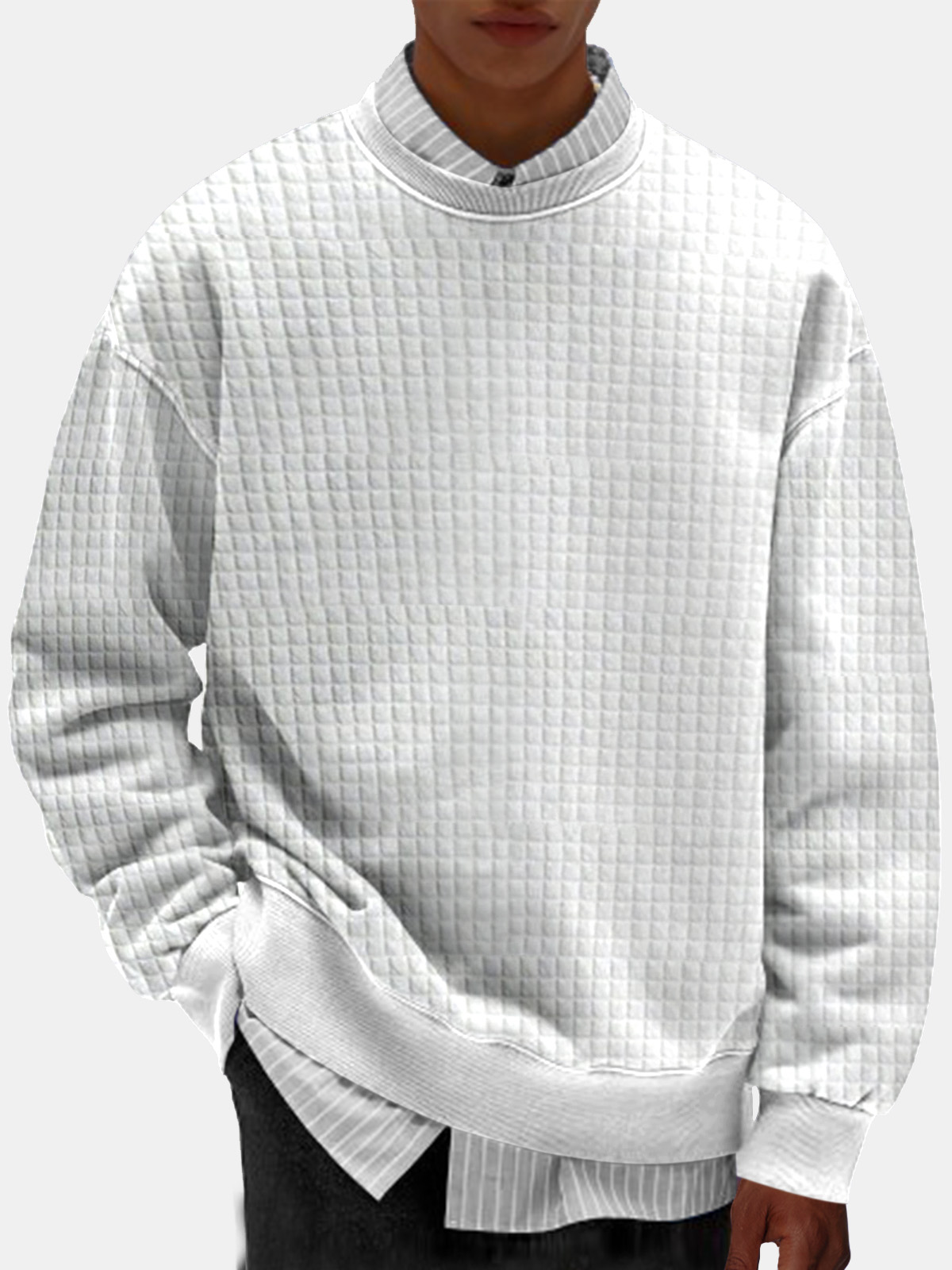 Men's Casual Simple Solid Color Small Square Comfortable Long-sleeved Round Neck Sweatshirt