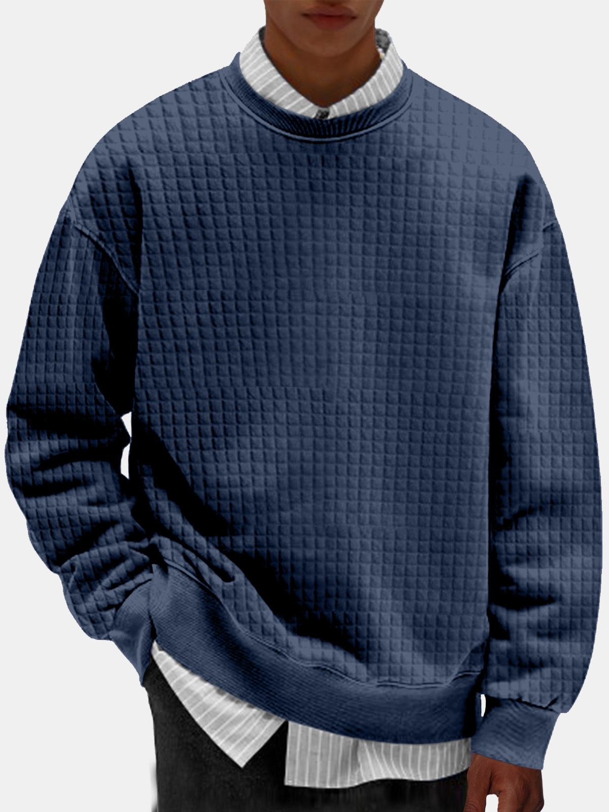 Men's Casual Simple Solid Color Small Square Comfortable Long-sleeved Round Neck Sweatshirt