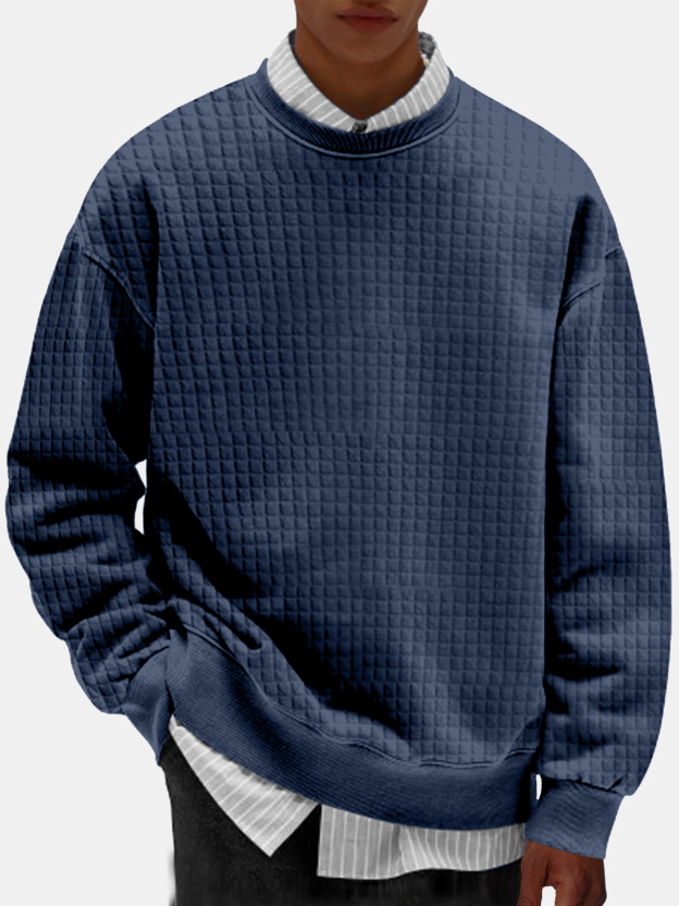 Men's Casual Simple Solid Color Small Square Comfortable Long-sleeved Round Neck Sweatshirt