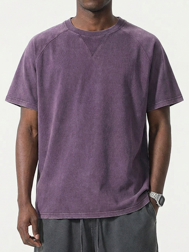 Men's Washed Distressed Triangle Raglan Sleeve Short-Sleeve Crew Neck T-Shirt