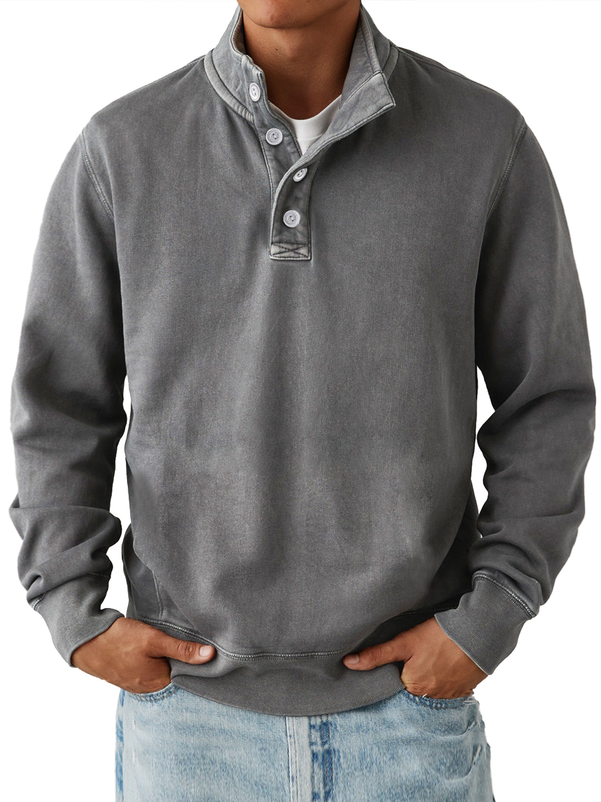 Men's Casual Stand Collar Button Solid Color Comfortable Sweatshirt