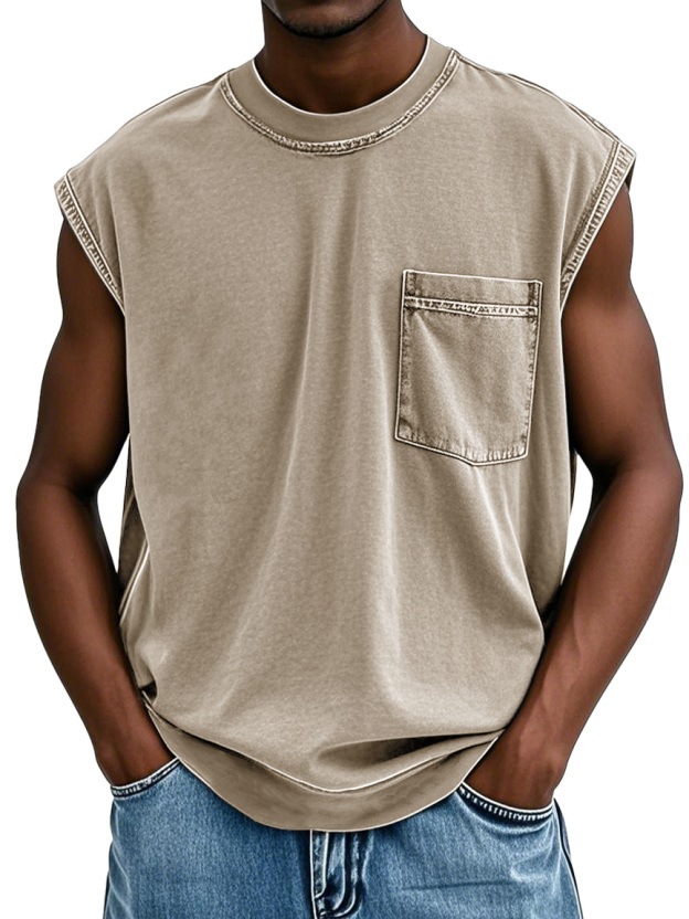 Men's Stylish Retro Distressed Short-sleeved Pocket Sleeveless T-shirt 