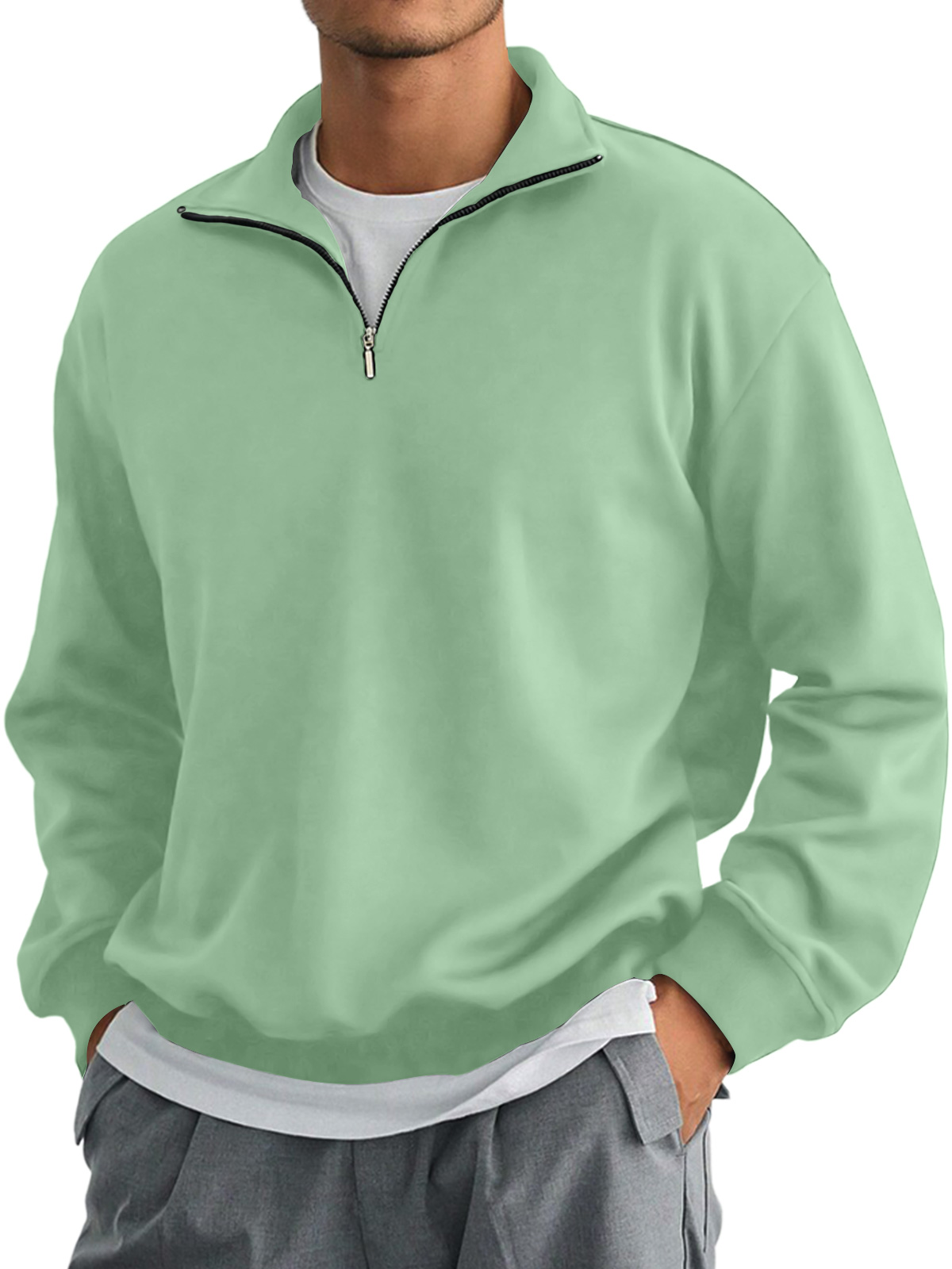 Men's Autumn Stand Collar Zipper Solid Color Comfortable Long-sleeved Sweatshirt