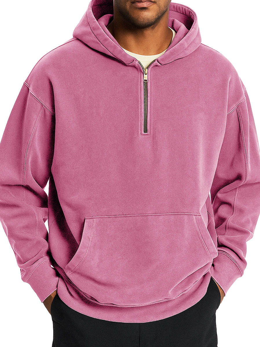  Men's Stylish Retro Distressed Half-zip Pocket Hooded Sweatshirt 