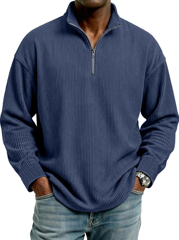 Men's Stand Collar Zipper Ribbed Comfortable Long-Sleeve T-Shirt