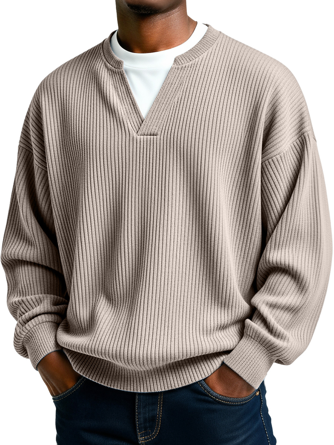 Men's Simple Ribbed V-Neck Faux Two-Piece Casual Long-Sleeve T-Shirt