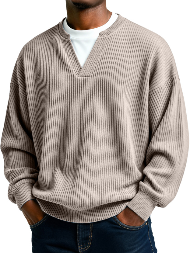 Men's Simple Ribbed V-Neck Faux Two-Piece Casual Long-Sleeve T-Shirt