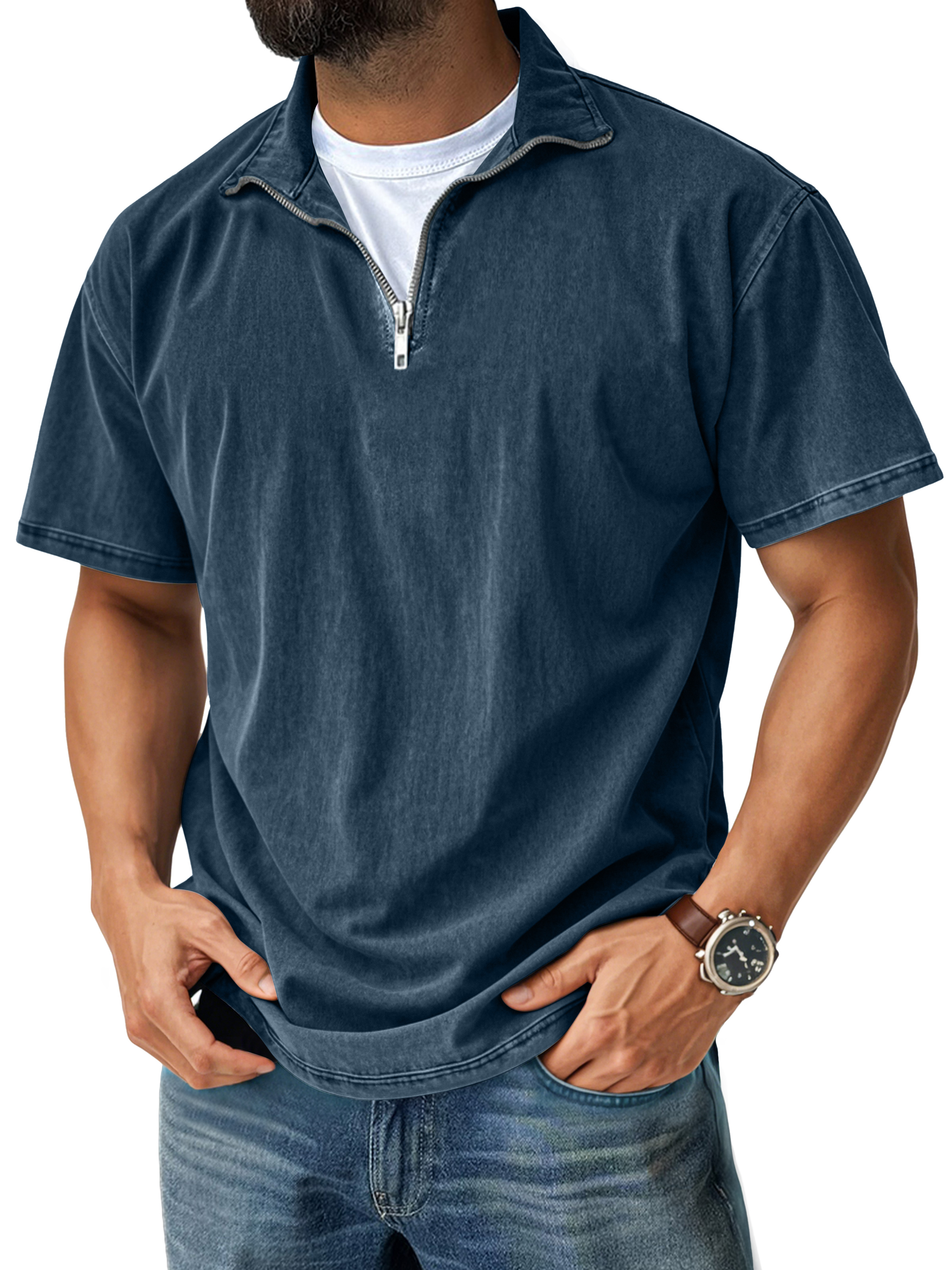 Men's Retro Casual Stand Collar Quarter-Zip Short Sleeve T-Shirt
