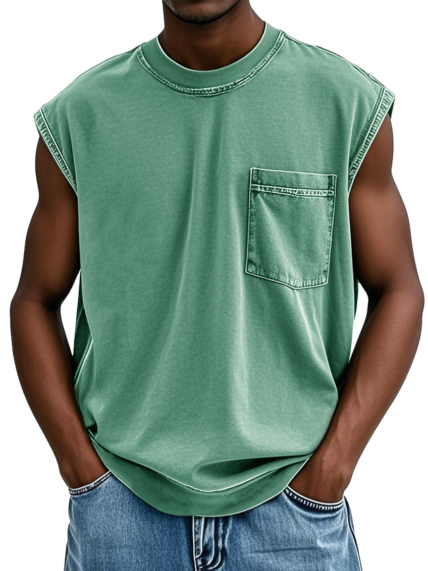 Men's Stylish Retro Distressed Short-sleeved Pocket Sleeveless T-shirt 