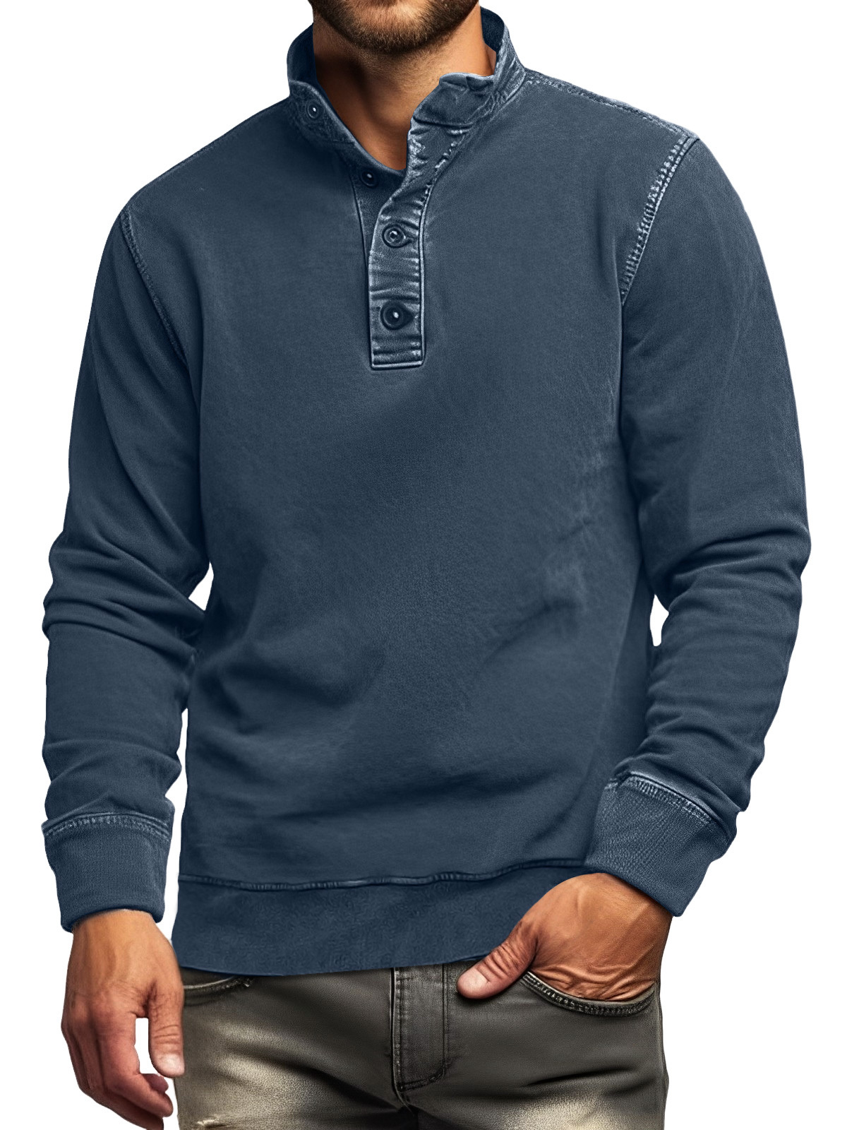 Men's Retro Casual Stand Collar Button Solid Color Sweatshirt