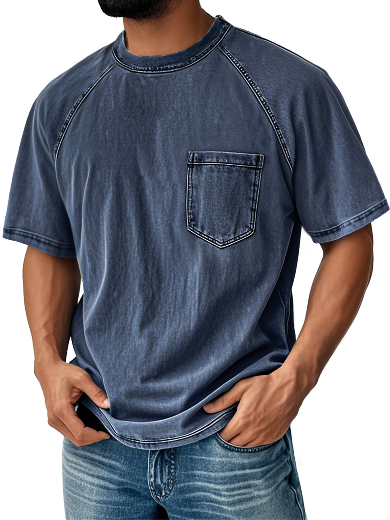 Men's Retro Round Neck Raglan Sleeve Casual Pocket Short Sleeve T-Shirt