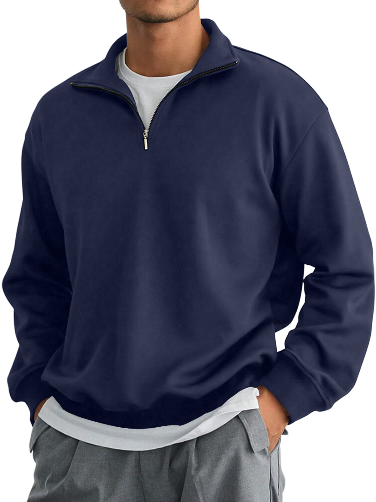 Men's Autumn Stand Collar Zipper Solid Color Comfortable Long-sleeved Sweatshirt