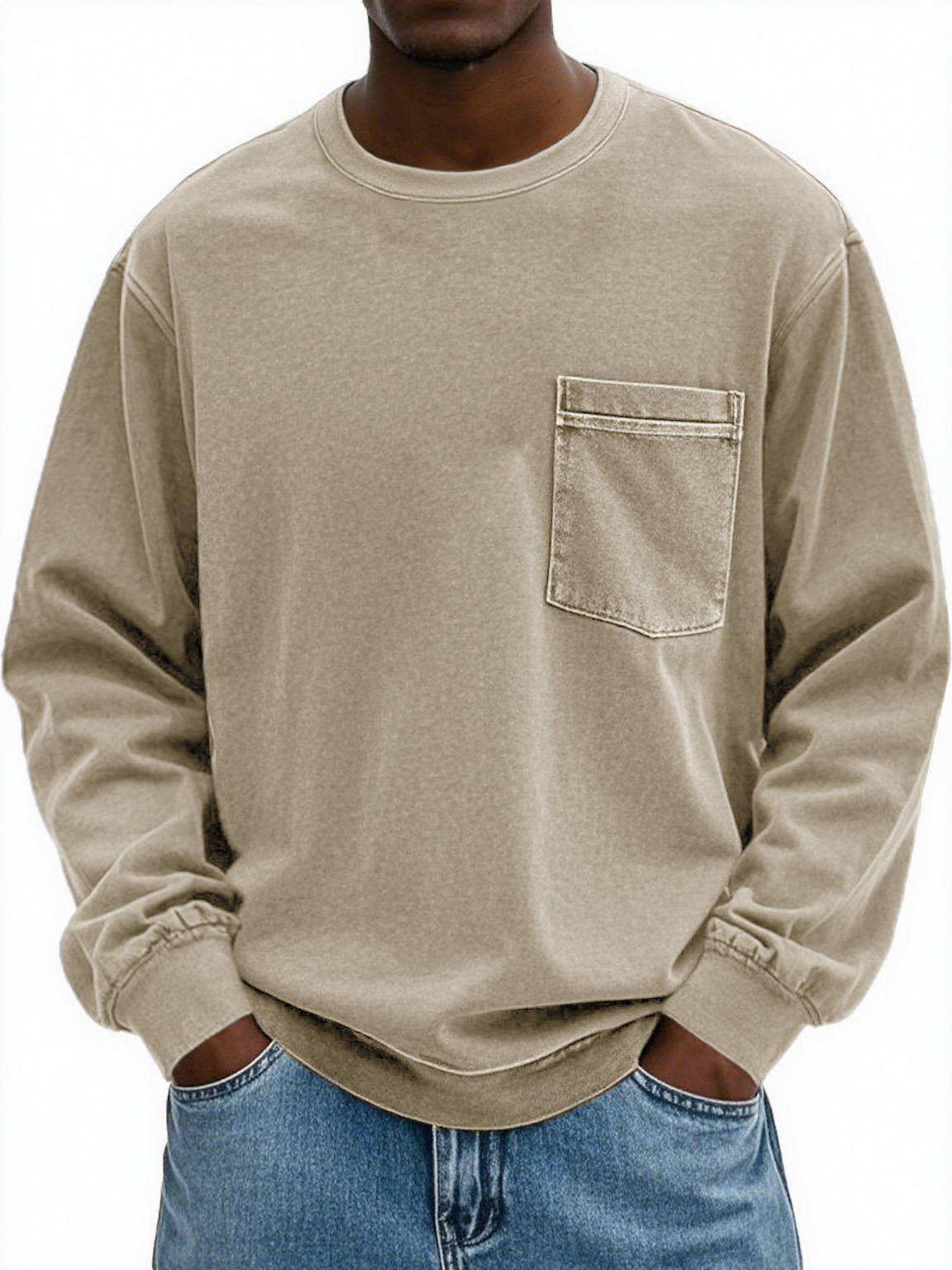Men's Fashion Retro Distressed Pocket Lapel Long-sleeved Round Neck Sweatshirt
