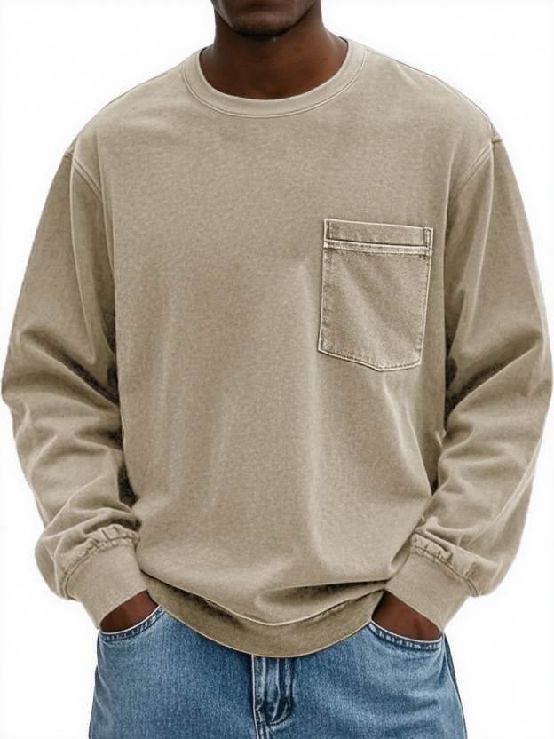 Men's Fashion Retro Distressed Pocket Lapel Long-sleeved Round Neck Sweatshirt