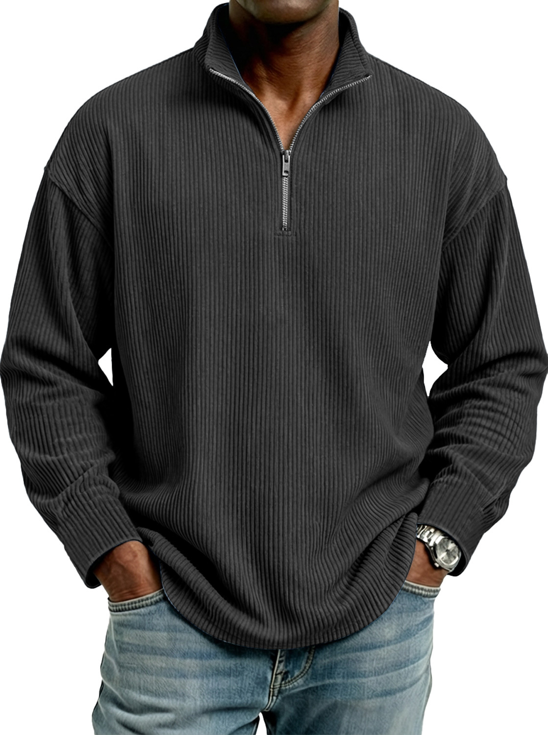 Men's Stand Collar Zipper Ribbed Comfortable Long-Sleeve T-Shirt