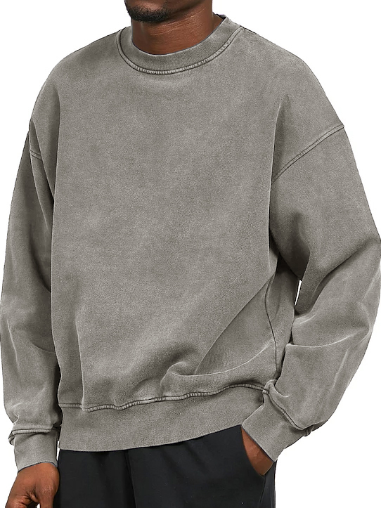 Men's Washed Distressed Cotton Basic Round Neck Long Sleeve Sweatshirt