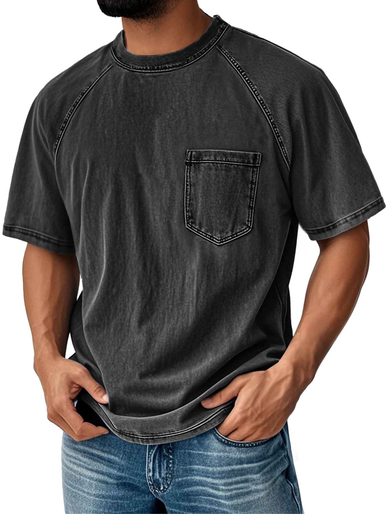 Men's Retro Round Neck Raglan Sleeve Casual Pocket Short Sleeve T-Shirt