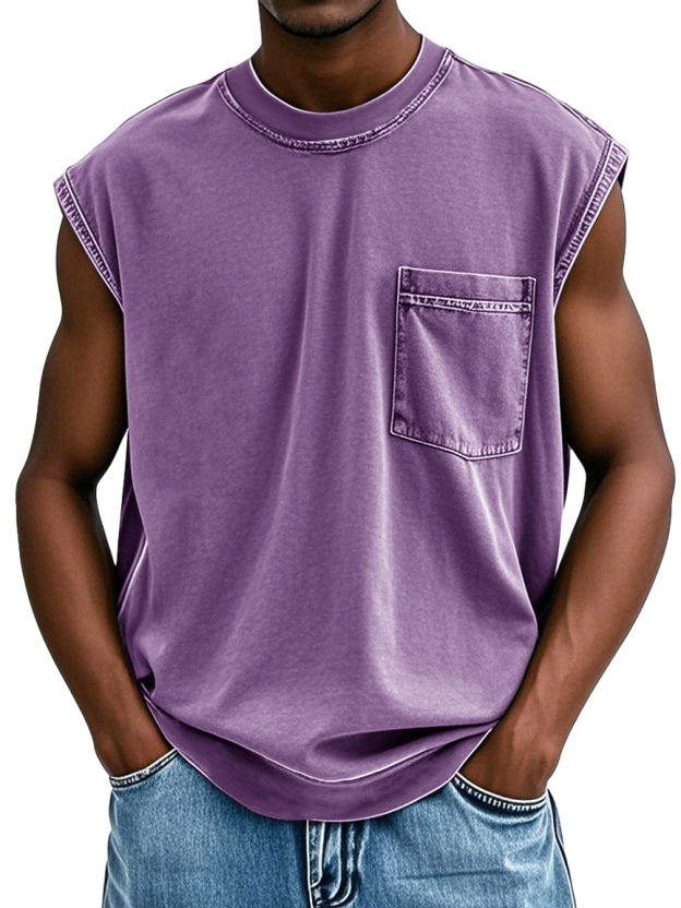 Men's Stylish Retro Distressed Short-sleeved Pocket Sleeveless T-shirt 