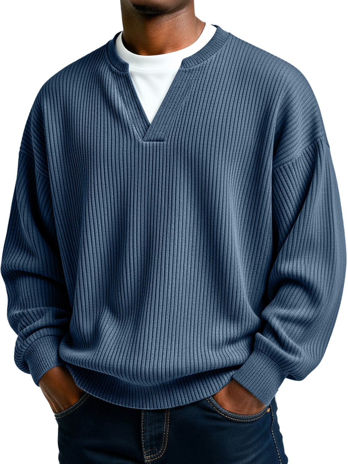 Men's Simple Ribbed V-Neck Faux Two-Piece Casual Long-Sleeve T-Shirt