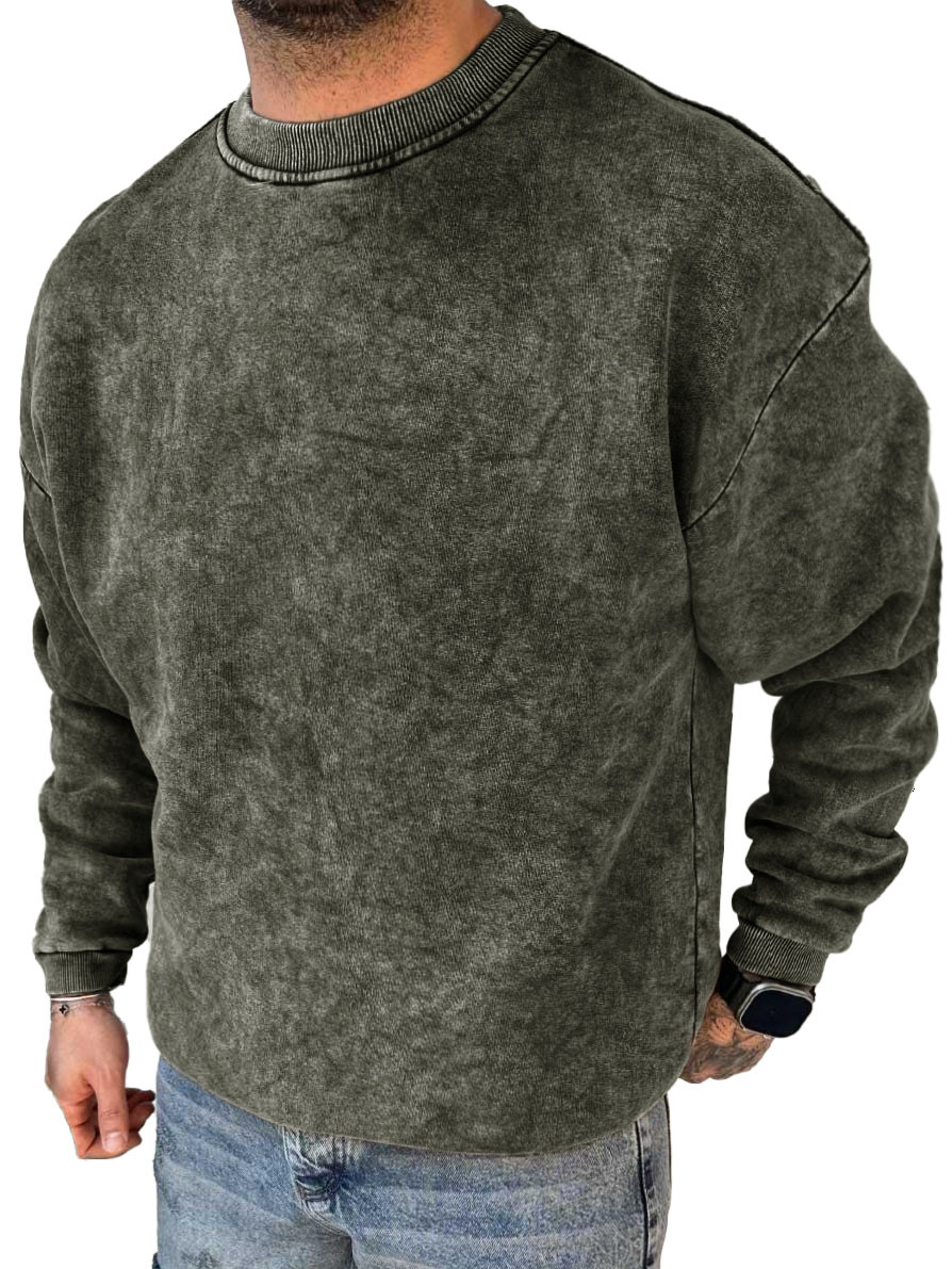 Men's Fashion Casual Washed Distressed Long Sleeve Round Neck Sweatshirt