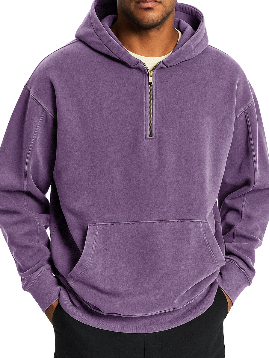  Men's Stylish Retro Distressed Half-zip Pocket Hooded Sweatshirt 