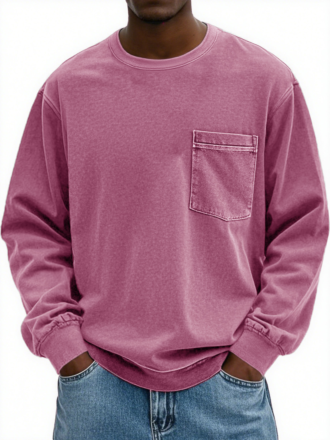 Men's Fashion Retro Distressed Pocket Lapel Long-sleeved Round Neck Sweatshirt