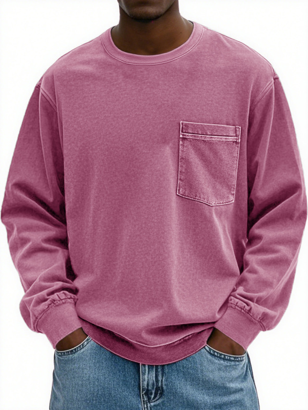 Men's Fashion Retro Distressed Pocket Lapel Long-sleeved Round Neck Sweatshirt