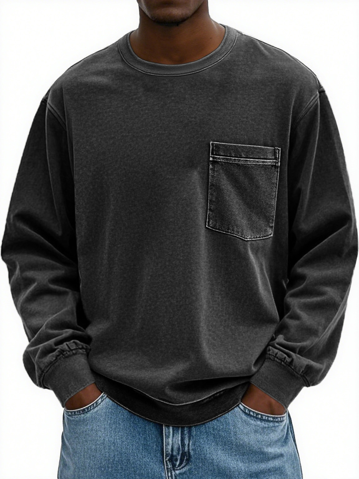 Men's Fashion Retro Distressed Pocket Lapel Long-sleeved Round Neck Sweatshirt