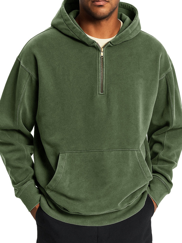  Men's Stylish Retro Distressed Half-zip Pocket Hooded Sweatshirt 